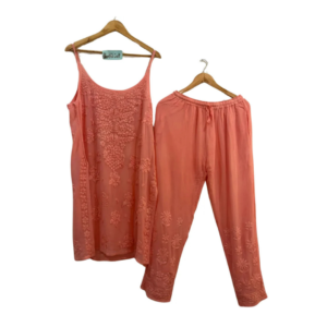 Peach Cotton Chikankari Set – Sleeveless Kurta with Plazo Pant