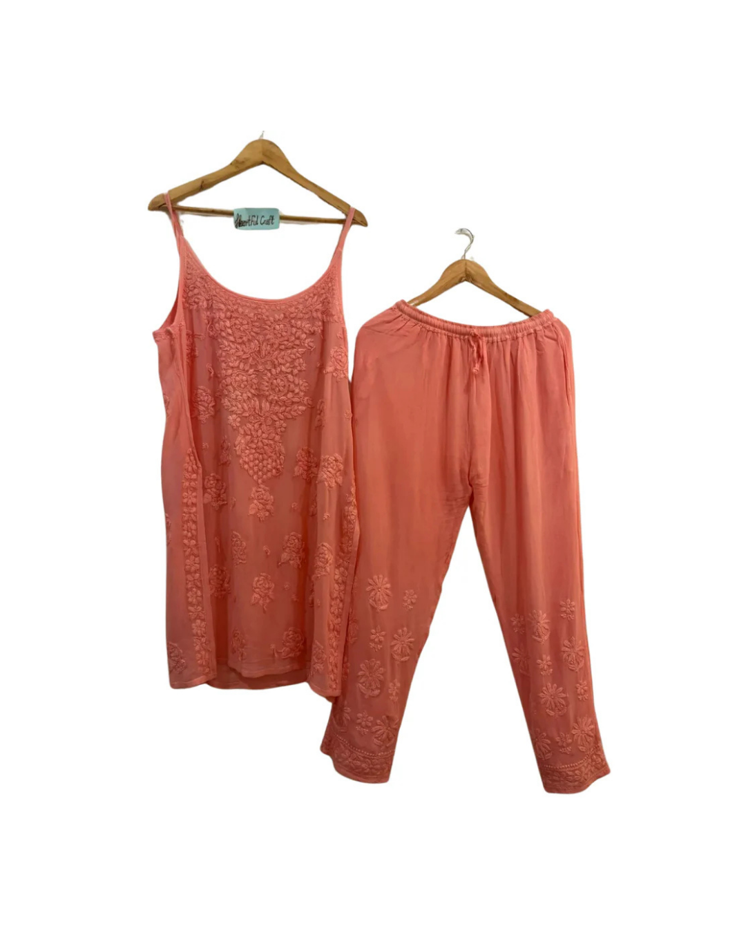 Peach Cotton Chikankari Set – Sleeveless Kurta with Plazo Pant